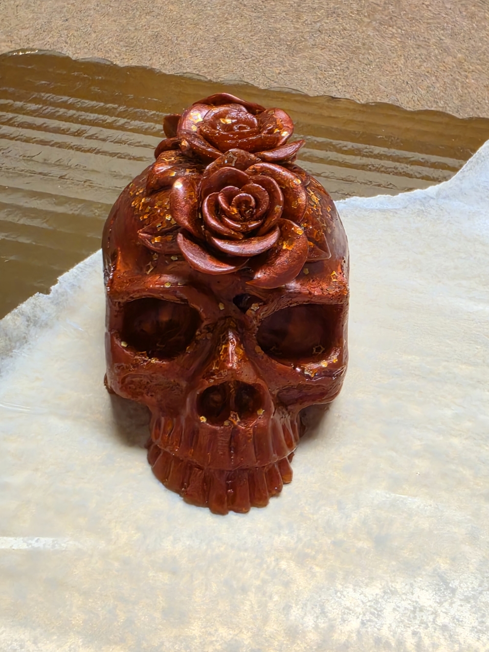 Handcrafted RESIN Red Floral Skull Sculpture - Home Art Accent
